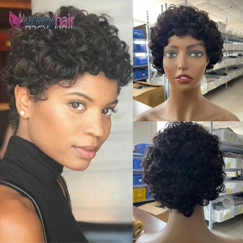 Pixie Cut Short Curly Human Hair Wig for Black Women Afro Kinky Curly Wave Deep Wave Short Black Brown Color Wig Full Machine - Nuotrauka 1  