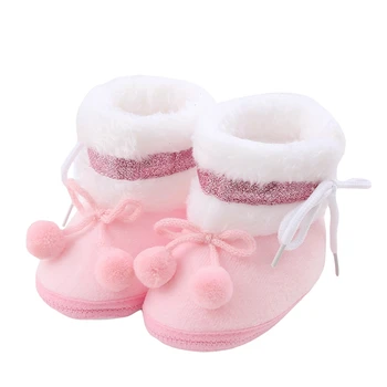 Baby Plush Boots Infant Girls Boys Bobbles Bow Non-Slip Soft Sole First Walker Winter Warm Crib Batai - Nuotrauka 1  