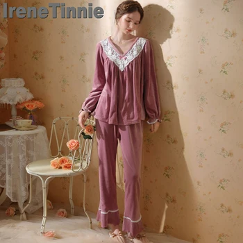 IRENE TINNIE Laisvalaikio miego drabužiai Sutirštinti šiltas koralų aksomas ilgomis rankovėmis pižama Moteriški siuvinėjimai Naktiniai drabužiai Flanelė Lady Pižamos rinkinys - Nuotrauka 1  