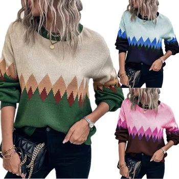 Karšta mada Stilingos moterys Kontrastingos spalvos megztinis Rudens laisvi O Kaklo marškinėliai Megztiniai Kasdieniai drabužiai - Nuotrauka 1  
