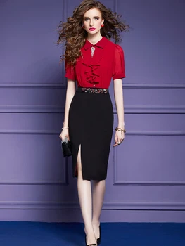 Elegantiška raukinių vasaros biuro suknelė moterims 2023 m. dizainerio vakarėlis trumpomis rankovėmis Vestidos de Fiesta Knee ilgis plius dydžio chalatas Raudona - Nuotrauka 1  