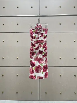 Slim Rose Red Mini suknelė moterims Gėlių spausdinimas Berankovės pasvirojo brūkšnio kaklo raukšlės skylė Nauja aukšta kokybė 2023 - Nuotrauka 1  