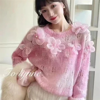 Limiguyue Minkštos saldžios 3D gėlės Perlinis megztinis Moterys Pavasario rudens kašmyras Megztas megztinis Megztinis Tuščiaviduris Moheros džemperis E112 - Nuotrauka 1  