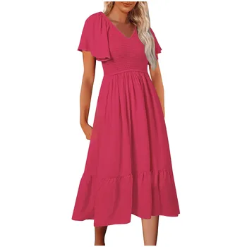 Moteriškos vasarinės laisvalaikio suknelės Kvadratinis kaklas Sūpynės trumpomis rankovėmis Suknelė Laisvalaikio paplūdimio suknelė Laisvalaikio suknelės Suknelės moterims Vasara - Nuotrauka 1  