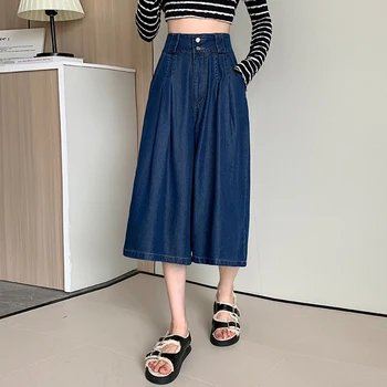 Korėjos stilius Skalbtas aukštas juosmuo Vintage Chic Girl Pavasario vasaros džinsiniai džinsai Gatvės mados moterys Laisvalaikio plačios kojos Blauzdos ilgio kelnės - Nuotrauka 1  