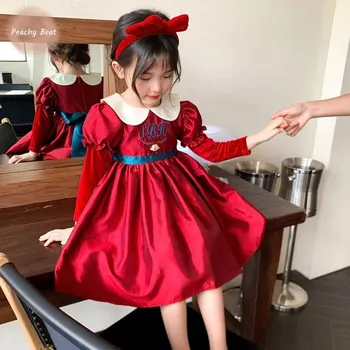 Baby Girl Princess Doll Neck siuvinėta suknelė Pūstomis rankovėmis Child Bow Vintage Vestido Xmas Red Party Gimtadienio baliaus chalatas 2-10Y - Nuotrauka 1  