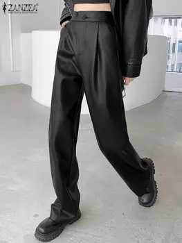 ZANZEA Moterys Aukštu juosmeniu Plesuojančios kelnės Rudens PU odinės ilgos kelnės 2023 Naujos mados kišeniniai pantalonai Korėjietiško stiliaus apačia - Nuotrauka 1  