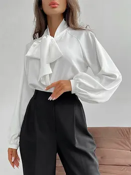 2023 Rudens netaisyklingos apykaklės moteriški marškiniai Laisvas satinas Šoninės rankovės Peteliškės kaklaraištis viršuje Moteriškas elegantiškas biuras Lady Streetwear Tops - Nuotrauka 1  