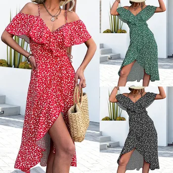 Moterų vasaros seksualios dirželio suknelės nuo peties lotoso lapų kraštas Casual Beach Sundress Flower Print Asimetriška moteriška suknelė 2023 - Nuotrauka 1  