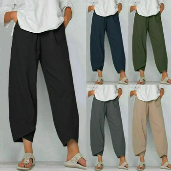 New Summer Women Casual Cotton Linen Baggy Harem Pants Solid Color Loose Kelnės Plus Size Ladies Wide Legs Cropped Pants - Nuotrauka 1  