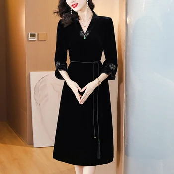 Velvet Midi Vintage Black Prom 2023 Korėjos mada Playa Vestiti Donna rudens žiemos longue vakarinės suknelės - Nuotrauka 1  