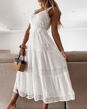 2023 Nauja Europos ir Amerikos pavasario ir rudens balta nėrinių suknelė aukštu juosmeniu Elegantiška važinėjanti į darbą ir atgal suknelė be rankovių Suknelė moterims - Nuotrauka 1  