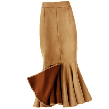 rudeninis žieminis zomšinis undinės sijonas moterys aukštu juosmeniu paketas klubo splito trimito sijonas - Nuotrauka 1  