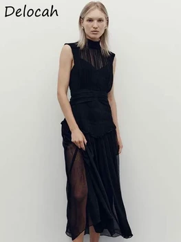 Delocah Aukštos kokybės vasaros moterų mados kilimo ir tūpimo tako juoda suknelė aukštu juosmeniu blizganti drapiruota raukinių apdaila Berankovės tanko ilgos suknelės - Nuotrauka 1  