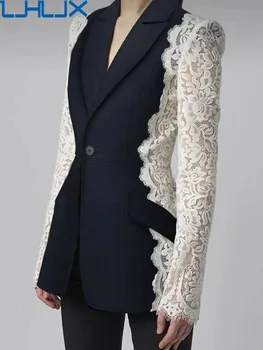 LJHLJX Fashion Women's Blazer New Fashion Notched Nėrinių pleistras ilgomis rankovėmis kontrastinis kostiumas Striukės Moteriškas pavasaris 2024 AH187 - Nuotrauka 1  