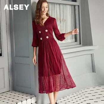 ALSEY Miyake kostiumo proga Suknelės Moterų temperamentas Liemens sūpynės sagos Žibintų rankovės Moterys Elegantiškos vakarėlių suknelės - Nuotrauka 1  