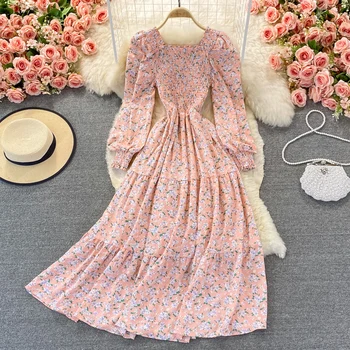 Gėlių spausdinimas Šifono suknelės Plisuotas Maxi chalatas Aukštas juosmuo Ilgos suknelės Ilgos pūstos rankovės A linija Midi Vestido Korėjietiški drabužiai - Nuotrauka 1  
