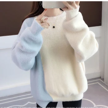 Fashion O-Neck Spliced Loose Casual Sweaters Moteriški drabužiai 2023 Žieminiai oversized megzti korėjietiški megztiniai Asimetriškos viršūnės - Nuotrauka 1  
