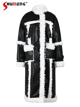 Madingas odinis paltas Ruduo Žiema Naujas aksomas Aukštos klasės juoda Balta Kontrastinė spalva Ilgomis rankovėmis kišeniniai moteriški kailiniai - Nuotrauka 1  