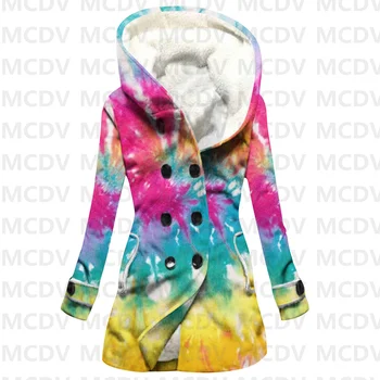 Tie-Dye Art 3D Printed Fleece Hooded Cloak Women Thick Warm Coat Women's Winter Warm Overcoat Casual Clothes 12 Color - Nuotrauka 1  