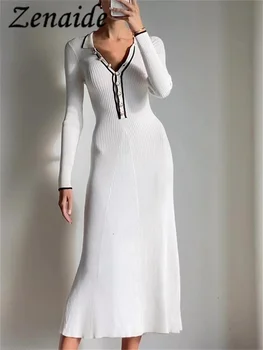 Zenaide Patchwork Elegantiškas trikotažas Maxi suknelė Moteriška ilgomis rankovėmis plona aukšta juosmens briaunota mada Rudens megztas atlapas Suknelės Moterys - Nuotrauka 1  