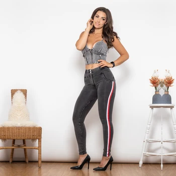 Shascullfites Melody Shaper Set Middle Waist Dark Thread Grey Jeans with Stripe Jeans Set Sexy Lift Denim Pants 2 Pieces Set - Nuotrauka 1  