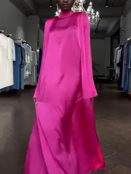 Uoozee Artimųjų Rytų moterys Vientisos spalvos Elegantiška vakarėlio suknelė aukštu kaklu Vakarinė suknelė 2023 Nauja pavasario rudens platėjančiomis rankovėmis Maxi suknelės - Nuotrauka 1  