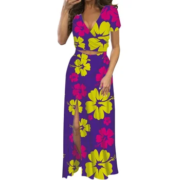 Vasarinės moteriškos žemo kirpimo maxi suknelės suknelės moterims Hibiscus Print Two-Piece Split Dress V-neck Moteriški drabužiai trumpomis rankovėmis - Nuotrauka 1  
