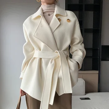 Vientisa spalva Trumpas dvipusis 100% vilnonis paltas Moterys laisvos Naujas Šiltas Suvarstomas vilnonis paltas ilgomis rankovėmis Moteriškas paltas Žiema - Nuotrauka 1  