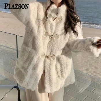 PLAZSON Žieminiai ėriukų vilnos paltai moterims 2023 m. Furry Faux kailis su dideliu kišeniniu mygtuku Storas šiltas kailis Megztinis Dirbtinio kailio striukė - Nuotrauka 1  
