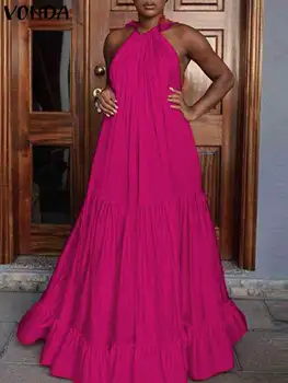 VONDA Bohemijos moterų seksuali suknelė su apykakle 2024 m. Vasarinė berankovė ilga Maxi Sundress Solid ColorLoose rauktas Vestidos vakarėlio chalatas - Nuotrauka 1  