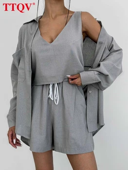 TTQV Elegantiški pilki medvilninių kanapių rinkiniai moterims 3 dalių laisvalaikio kišenės ilgomis rankovėmis marškiniai + V formos kaklo viršus ir sutraukiamų šortų rinkinys - Nuotrauka 1  