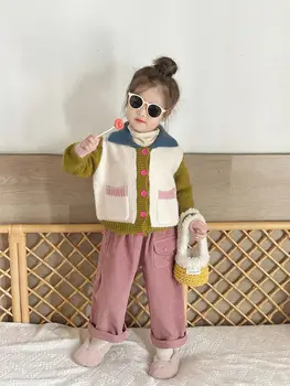 Girl Suit 2023 Naujas rudens žiemos korėjiečių mados stilius Baby Lapel Knitting Cardigan Paltas Velvetinės tiesios kojos Kelnės Dvi dalys - Nuotrauka 1  
