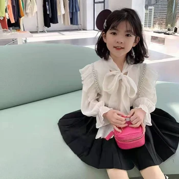 2023 Pavasario korėjiečių elegantiški kūdikių kostiumai Mergaitės liemenė + ilgomis rankovėmis Vaikų viršūnės Rudens nėrinių raukiniai Mieli vaikiški marškiniai Drabužiai 2 to14T - Nuotrauka 1  