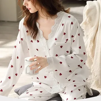 Pižamos mygtukas naktinis kostiumas pilnas 2 kelnės Vienetai Dėvi miego drabužių stilius Korėjos moterų rinkiniai Nėriniai Ruduo Spausdinti Piiama širdis ilgomis rankovėmis - Nuotrauka 1  