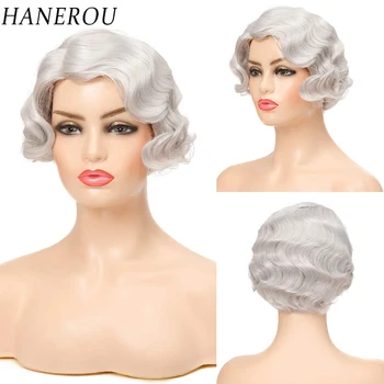 HANEROU sintetinis trumpas retro banguotas perukas moterims balti natūralūs plaukai vakarėlio cosplay aukštos temperatūros pluoštas - Nuotrauka 1  