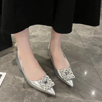 Silvery Women Pointed Toe Marie Janes Batai Mid Heels Party Pumps Spring Shoes Crystal 2024 Nauja Zapatos Fad suknelė Mujer Elegant - Nuotrauka 1  