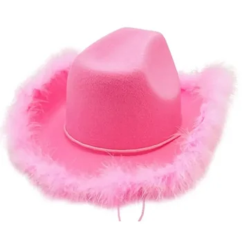vakarietiško stiliaus kaubojiškos skrybėlės moterims Mergaitės valcuotos Fedora skrybėlės plunksnų kraštas Rožinės kaubojiškos kaubojiškos skrybėlės - Nuotrauka 1  