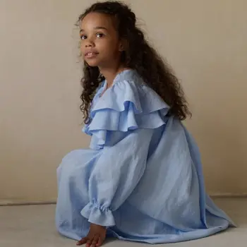 Vaikiškos suknelės mergaitėms 2023 Rudens mergaitės Medvilnės kanapių lotoso lapų nėrinių princesės suknelė - Nuotrauka 1  