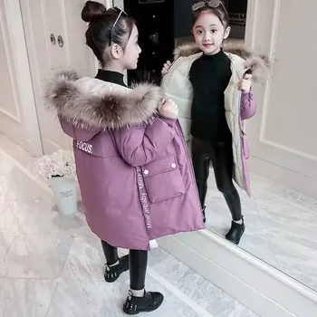 Mergaitės Žieminiai drabužiai 2023 Naujas vaikų vilnos apykaklės medvilninis paltas Nuo vidutinio iki didelio Vaikų vidutinio ilgio sutirštintas medvilninis paltas - Nuotrauka 1  