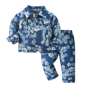 Autumn New Children Denim Clothes Sets Toddler Kids Boys Floral Print Long Shirt +Pants 2PCS Apranga Teen Denim Sportinė apranga Kostiumai - Nuotrauka 1  