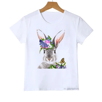 Kawaii mergaičių marškinėliai Akvarelės gėlės Animal Rabbit Cat Deer Koala Print Vaikų drabužiai Marškinėliai Mada Baby Tshirt Tops - Nuotrauka 1  