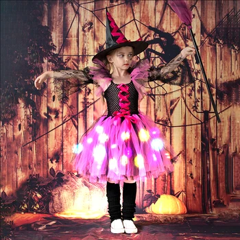 Hot 2-12Years Girls Halloween Cosplay Vampire Dress Up Carnival Children LED Luminous Fluffy Tulle Witch Broom Drabužių rinkinys - Nuotrauka 2  