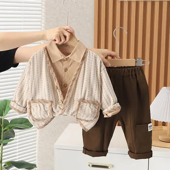 Vaikų drabužių mada patogus šerdies aksomo kišeninis ilgų rankovių trijų dalių komplektas baby boy casual kelnių kostiumas - Nuotrauka 2  