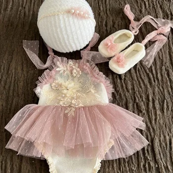 Baby Newborn Photography Props Girl Nėrinių princesės suknelė Apranga Romper Photo Drabužiai Galvos juosta Batai Priedai - Nuotrauka 2  