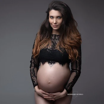 Žiūrėkite per blakstienas Nėrinių viršūnės motinystės fotografijai Rekvizitai pilnomis rankovėmis Nėštumo fotosesija Trumpi trišakiai - Nuotrauka 2  