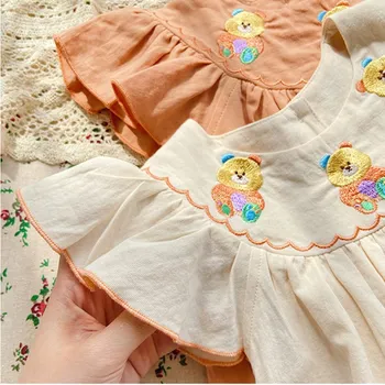 baby girls dress cotton vaikiška suknelė Išskirtinė spalvinga meškos siuvinėta suknelė trumpomis rankovėmis - Nuotrauka 2  