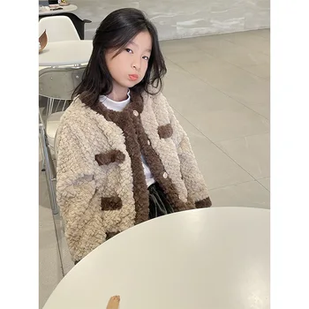 Girls Coat Girl Fur Coat 2023 Ruduo ir žiema Naujas korėjietiško stiliaus vaikų ėriuko vilnos klipas Medvilninis pliušinis viršutinis mergaičių paltas - Nuotrauka 2  