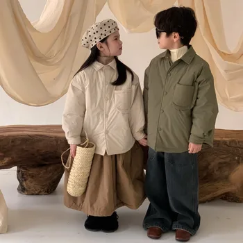 Žiema Berniukai ir mergaitės vienspalvės medvilnės paminkštintas paltas Vaikai sutirština šiltą apverčiamą apykaklę - Nuotrauka 2  