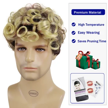 GNIMEGIL Synthetic Ombre Blonde To Brown Hair Afro Curly Wig for Men Natural Bouncy Curls Cosplay Halloween Party Trumpas vyriškas perukas - Nuotrauka 2  